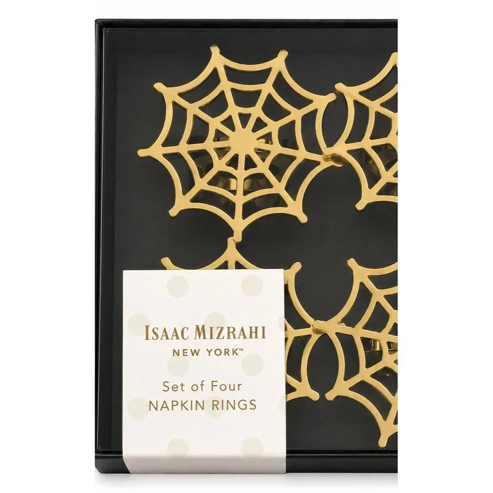 Isaac Mizrahi Halloween Spider Web Gold Tone Set Of 4 Napkin Rings Scary Spooky